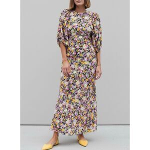 Les Reveries Puff Sleeve Bias Dress size 0 Floral Black Multicolor